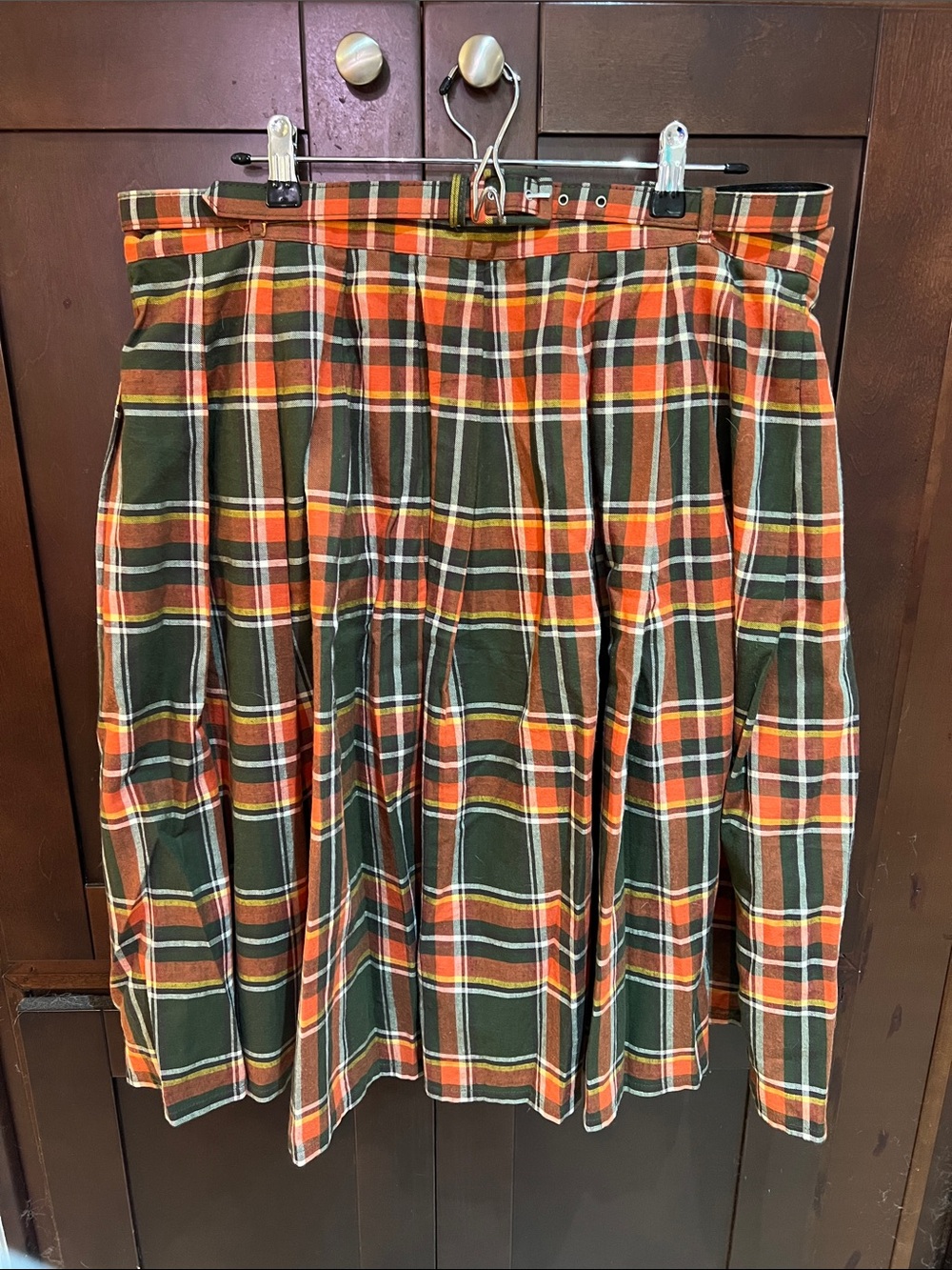 Modcloth Olive Green & Orange Plaid Pleated Skirt